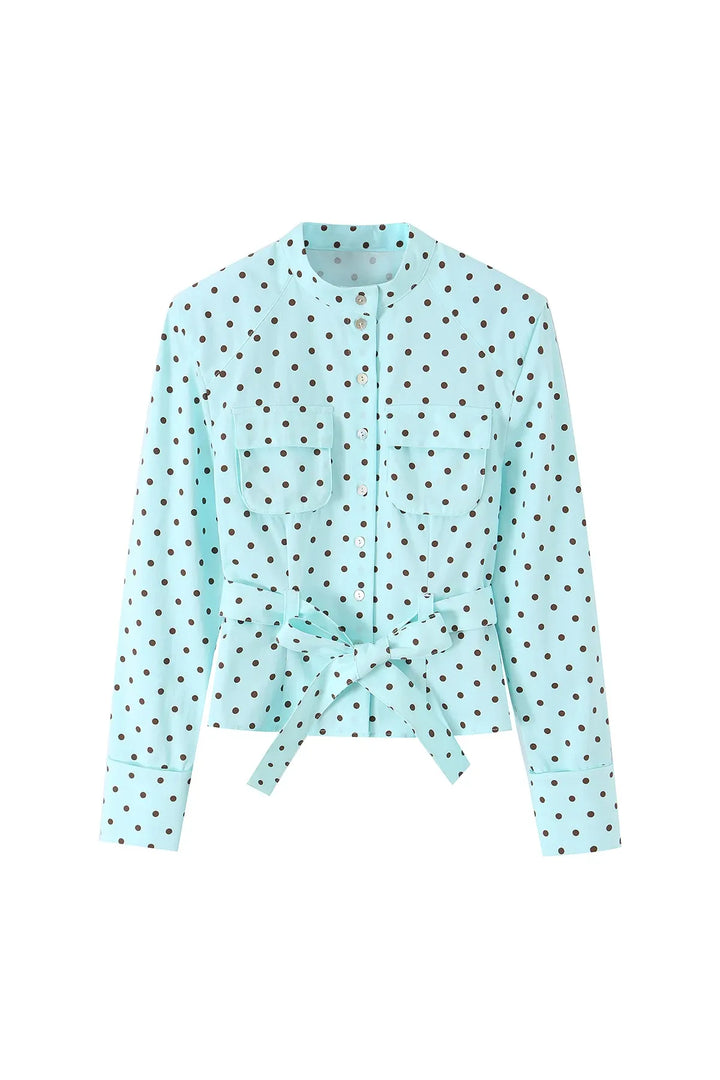 HH 2026 Spring Summer French Polka Dot 2 Piece Set Women Belted Long Sleeve Shirt Shorts Elegant Casual Business Outfit