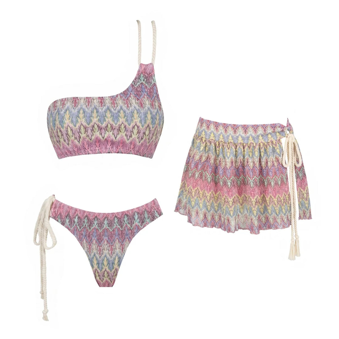 3-teiliges Striped Bikini Set mit Mesh Cover-Up