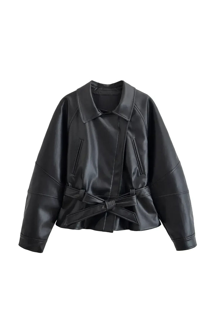 AMARA Vintage Damen Trenchcoat – Schwarze Kunstleder Jacke mit Gürtel