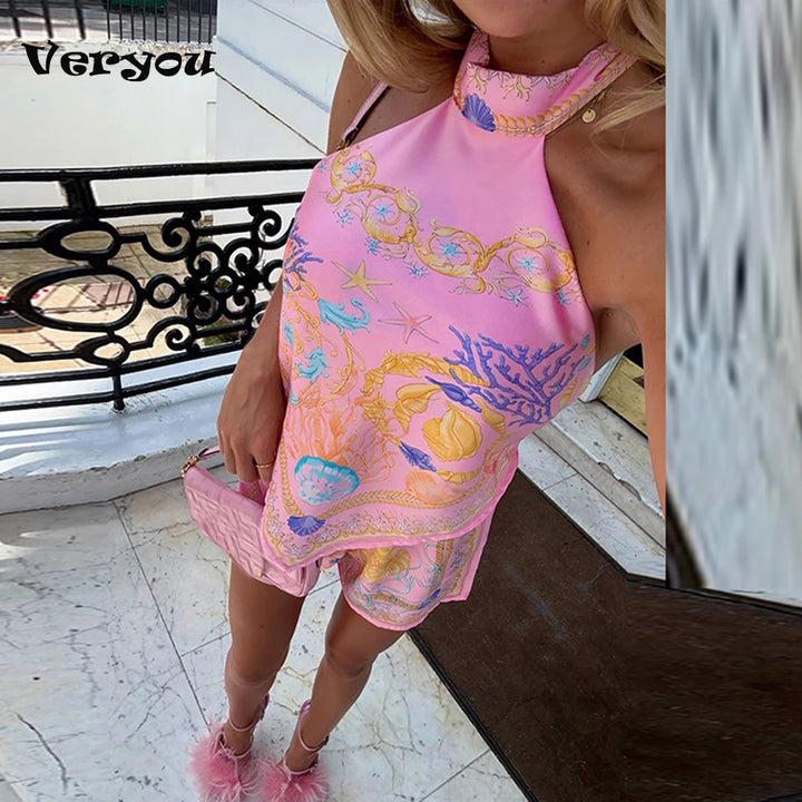 Sexy Printed Halter Vest Tops Shorts Set Female Summer Beach Holiday Two Piece Set Sleeveless Printed Shirt Outfits