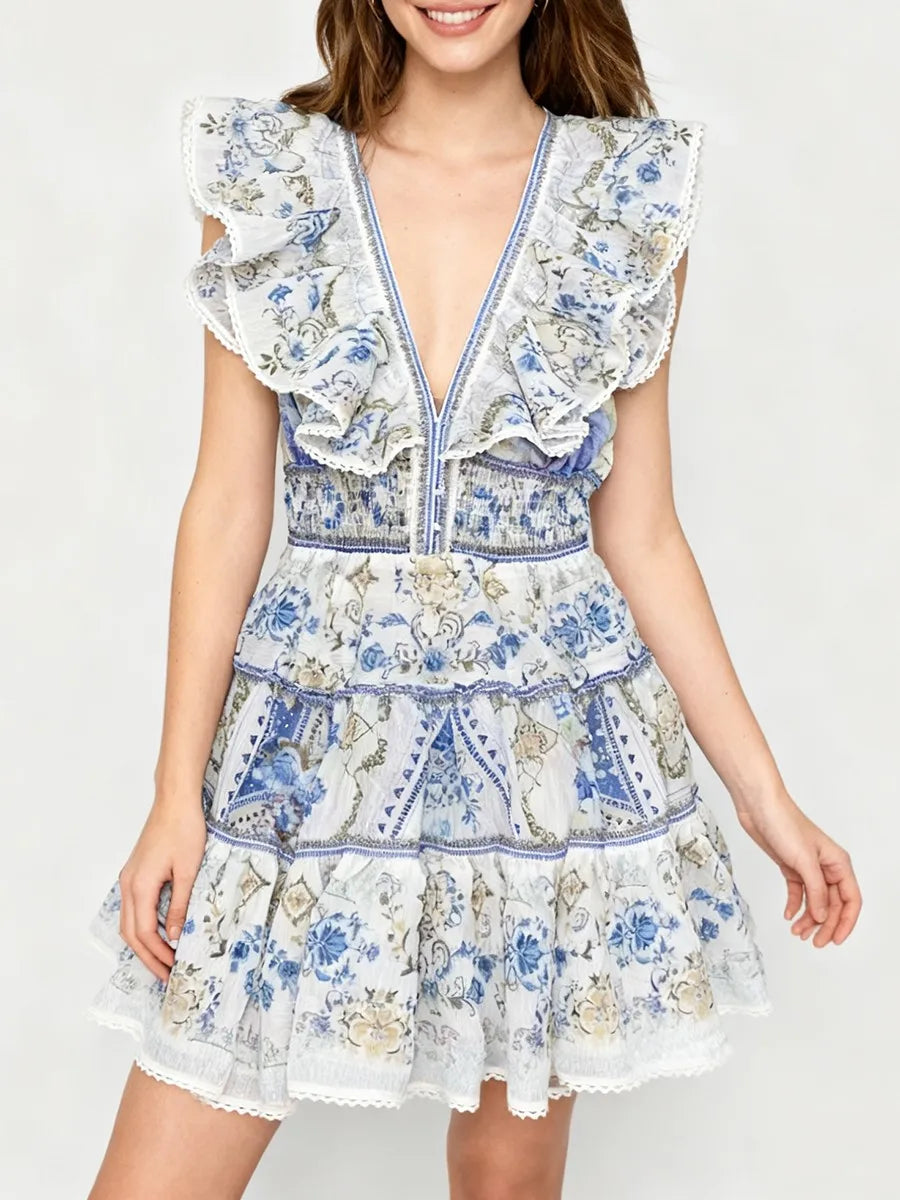 Chloé Rüschen Minikleid – Elegantes Printkleid mit V-Ausschnitt