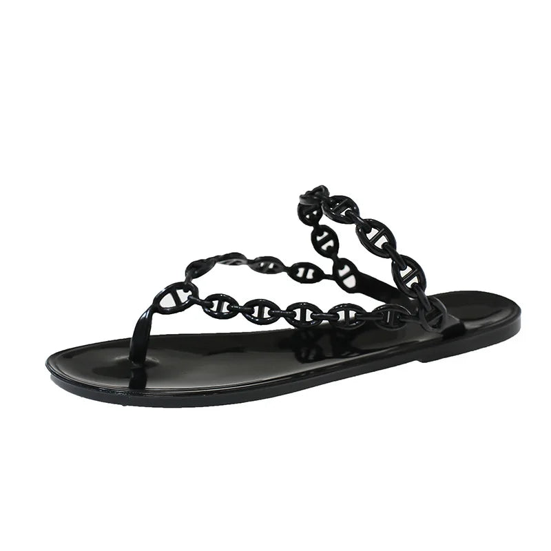 Anti-Slip Flat Sandals Women's Outdoor Beach Slippers Crystal Rhinestone Thong Slippers PVC Material Comfortable Casual Shoes