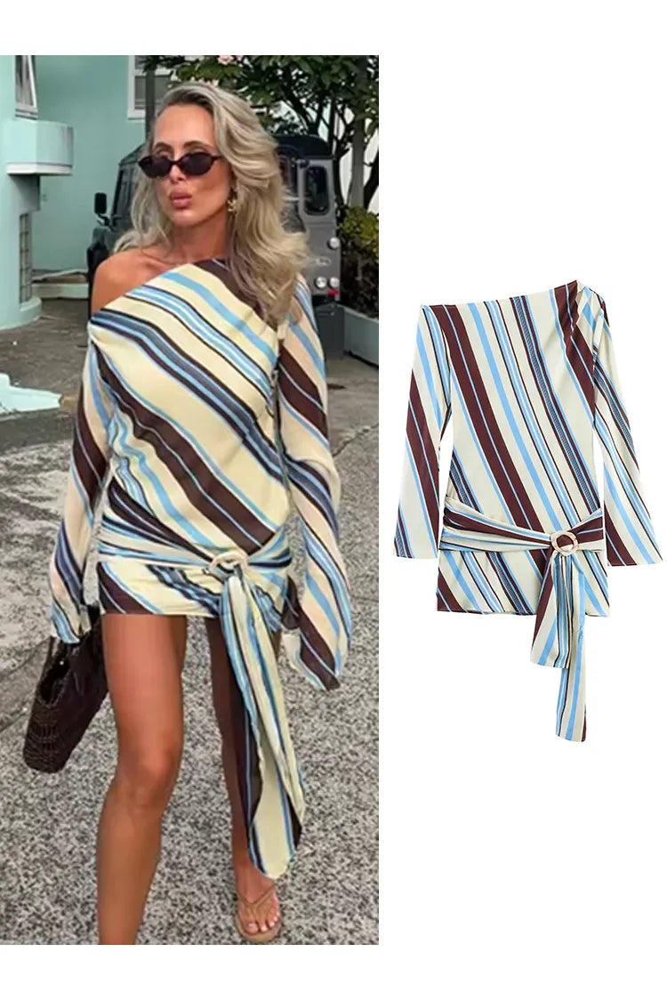 Striped One Shoulder Mini Dress – Resort Elegance
