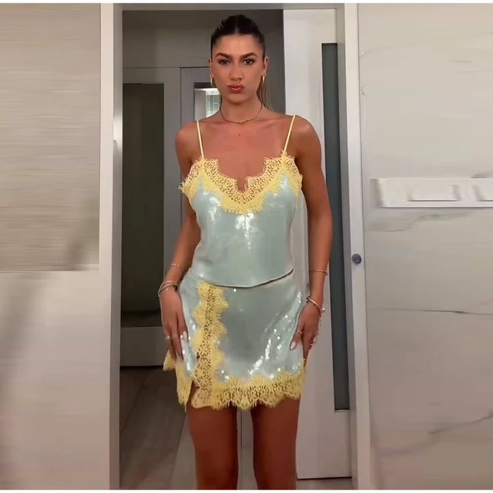Sexy Women's Lace Sequined Vest Short Skirt Sets V-neck Backless Crop Sling Tops Mini A-line Skirt 2026 Summer Lady Beach Suit