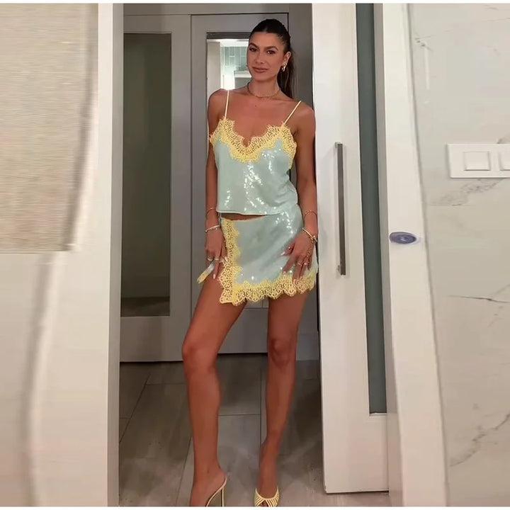 Sexy Women's Lace Sequined Vest Short Skirt Sets V-neck Backless Crop Sling Tops Mini A-line Skirt 2026 Summer Lady Beach Suit