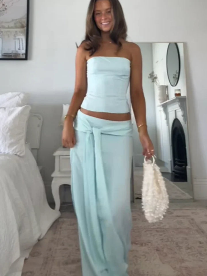 Solid Thin Skirts Set for Women Lace Up Strapless Tight Top Low Waist Straight Skirt 2026 NEW Summer Vacation Party Lady Outfit