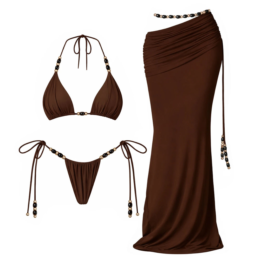 Mia Beads Bikini Set – Sexy 3-teiliges Damen-Badeoutfit mit Mesh-Rock & Cover-Up