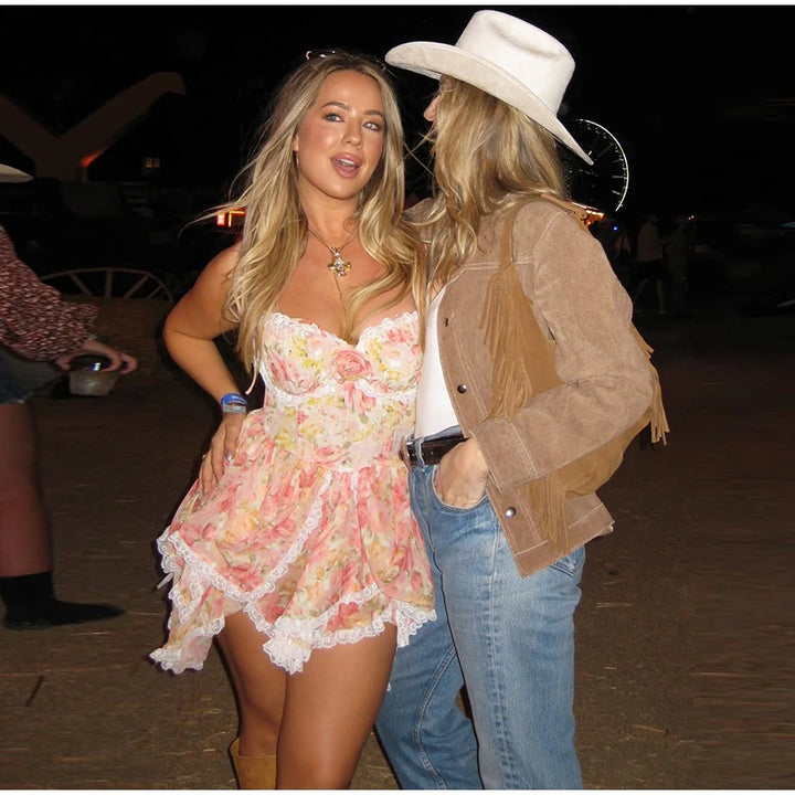 Women's Sexy Floral Print Sling Mini Dress Sleeveless Lace-Up Slim A-Line Summer Solid Color Dress Chic Vacation Gown