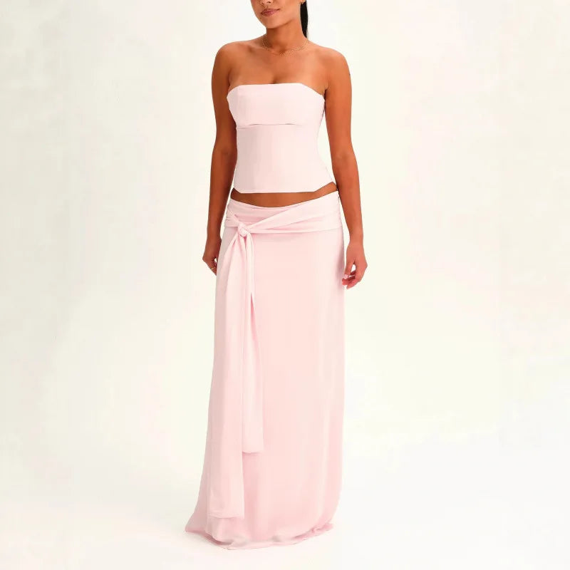 Solid Thin Skirts Set for Women Lace Up Strapless Tight Top Low Waist Straight Skirt 2026 NEW Summer Vacation Party Lady Outfit