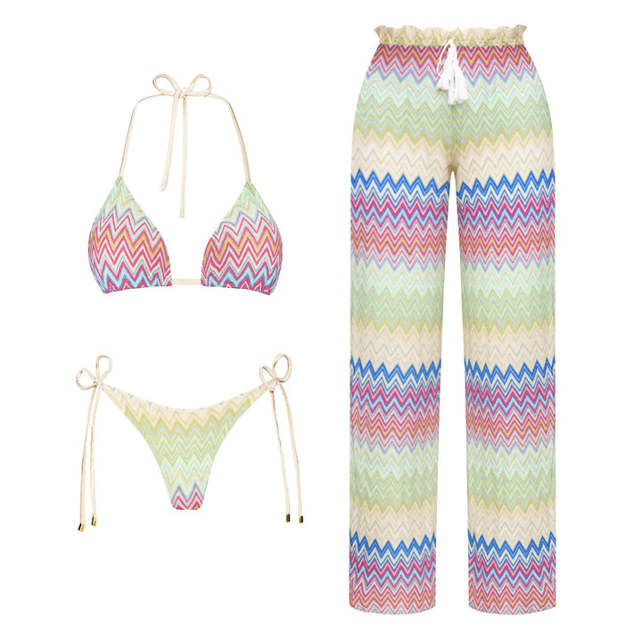 3-teiliges Striped Bikini Set mit Mesh Cover-Up