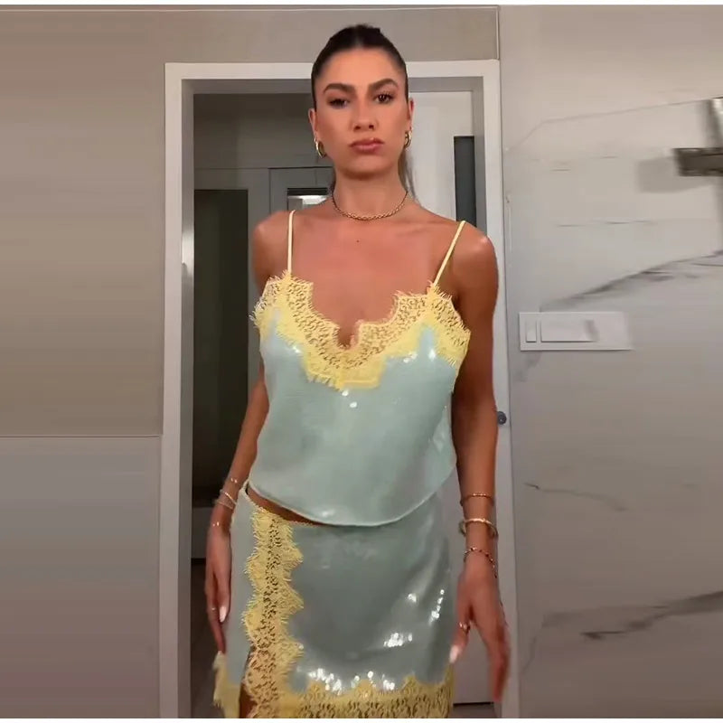Sexy Women's Lace Sequined Vest Short Skirt Sets V-neck Backless Crop Sling Tops Mini A-line Skirt 2026 Summer Lady Beach Suit