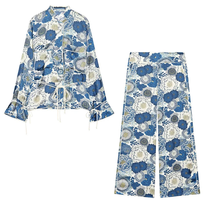 TFMLN Women Blue Flower Print Pant Set Casual Summer Vintage Button Sashes Shirt+ Wide Leg Pocket Long Pants Fashion Suit