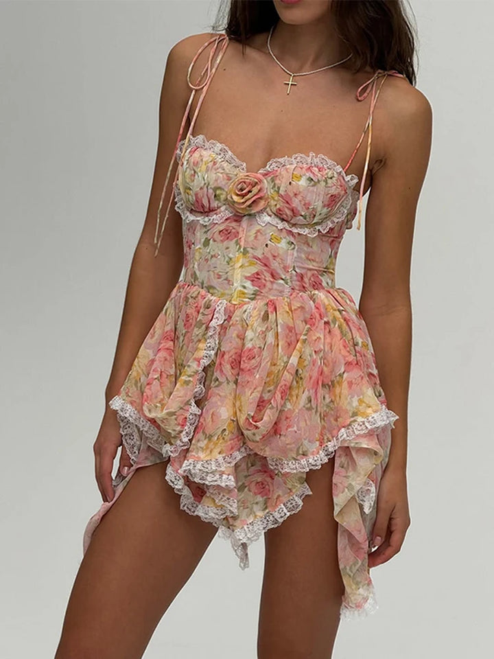 Women's Sexy Floral Print Sling Mini Dress Sleeveless Lace-Up Slim A-Line Summer Solid Color Dress Chic Vacation Gown