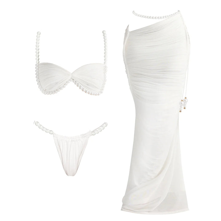 Mia Beads Bikini Set – Sexy 3-teiliges Damen-Badeoutfit mit Mesh-Rock & Cover-Up