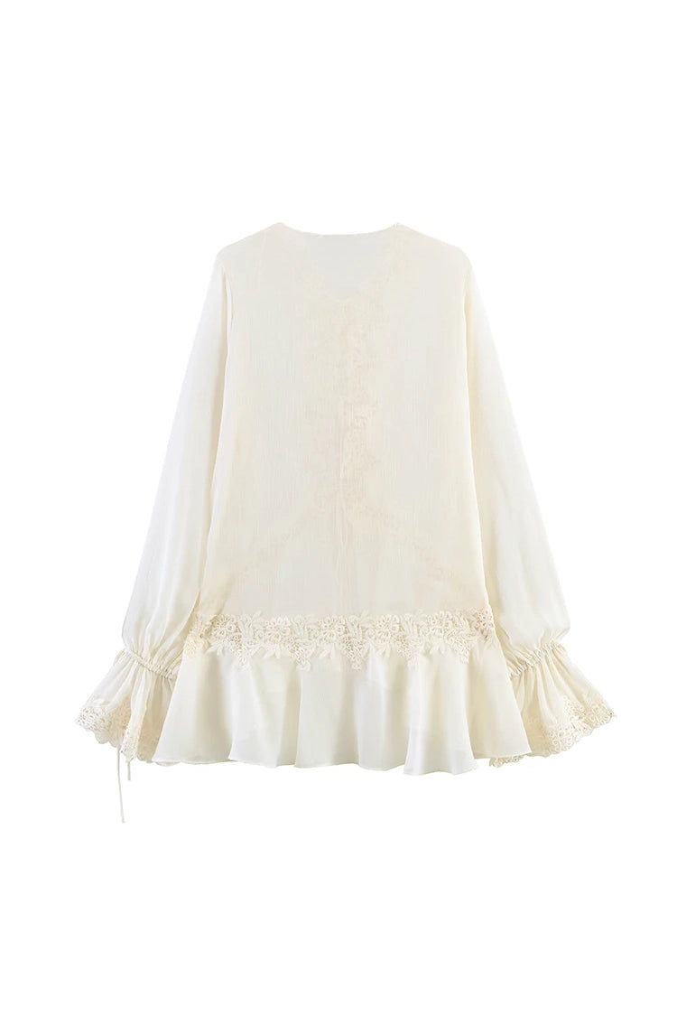 Elegante Spitzenbluse mit Volantärmeln & Bindeband – Semi-Transparente V-Ausschnitt Damenbluse