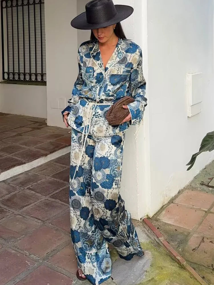 TFMLN Women Blue Flower Print Pant Set Casual Summer Vintage Button Sashes Shirt+ Wide Leg Pocket Long Pants Fashion Suit