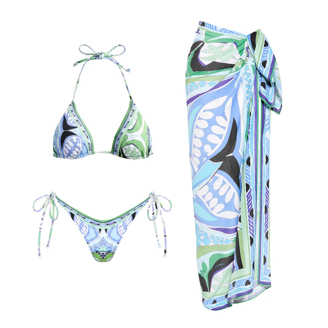 Printed Thong Bikini Set
