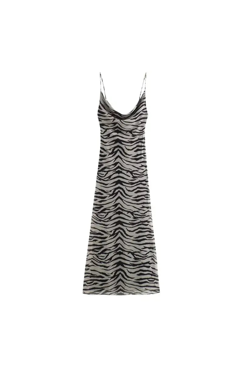 Leopard Print Tulle Slip Dress – Rückenfreies Midikleid
