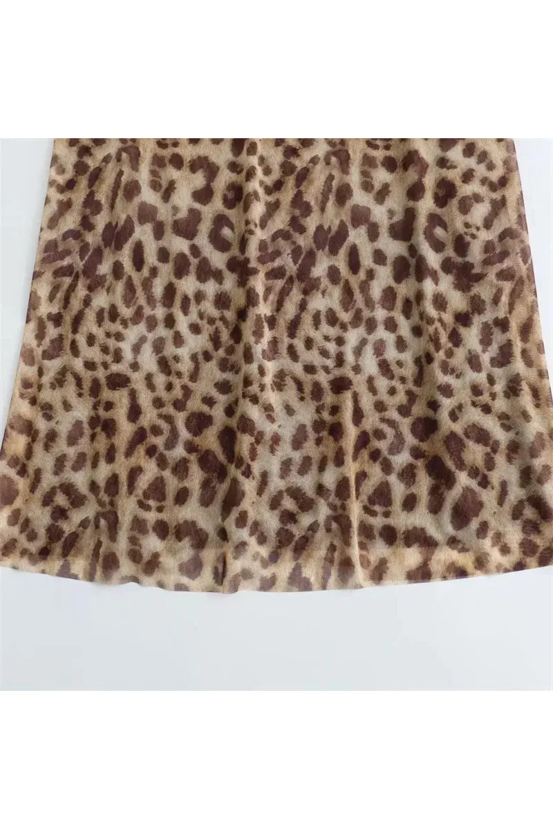 Leopard Print Tulle Slip Dress – Rückenfreies Midikleid