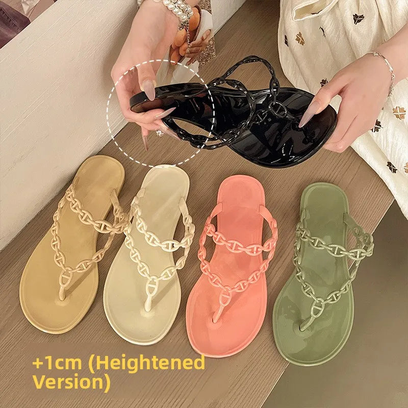 Anti-Slip Flat Sandals Women's Outdoor Beach Slippers Crystal Rhinestone Thong Slippers PVC Material Comfortable Casual Shoes