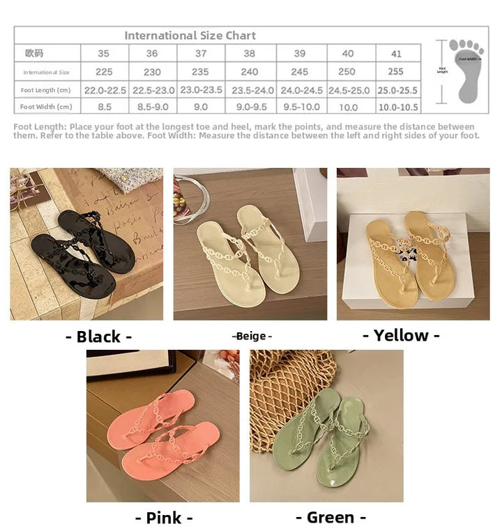 Anti-Slip Flat Sandals Women's Outdoor Beach Slippers Crystal Rhinestone Thong Slippers PVC Material Comfortable Casual Shoes