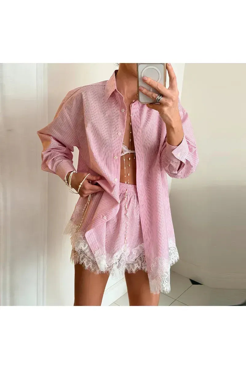 Lucienne Chic Set – Elegante Bluse & Shorts mit Spitzen-Details
