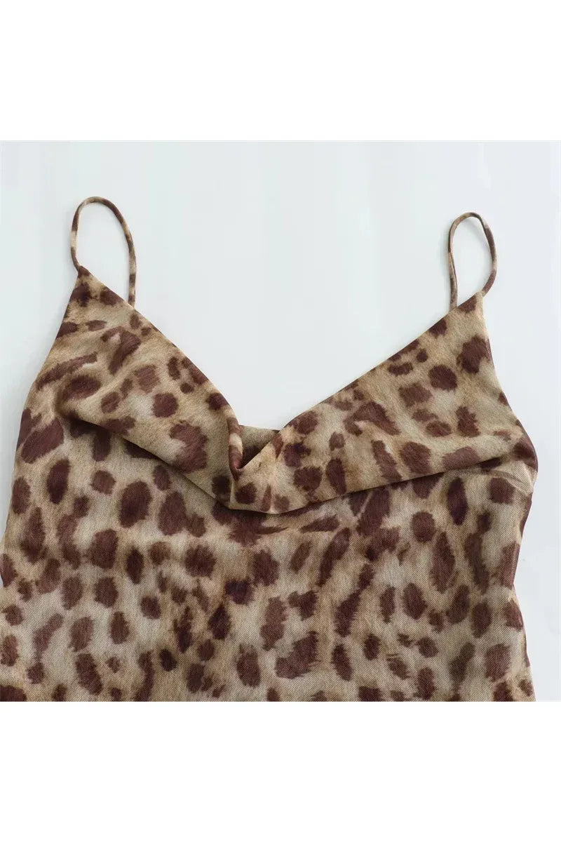 Leopard Print Tulle Slip Dress – Rückenfreies Midikleid