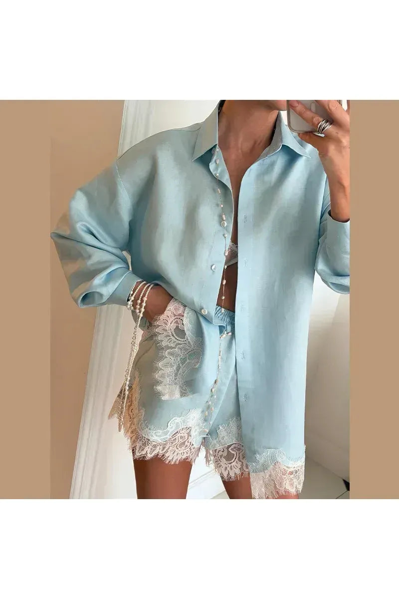Lucienne Chic Set – Elegante Bluse & Shorts mit Spitzen-Details