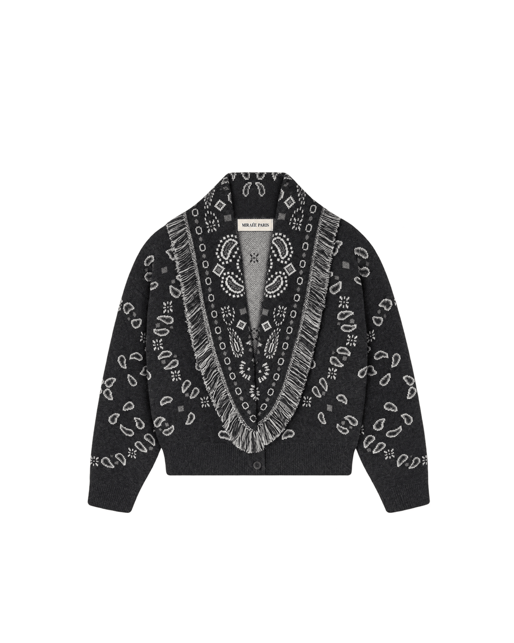 MIRAEE-UNIFORM-2026 | AMARA – Fransen Strickcardigan – schwarz – freigestellte Produktansicht auf weißem Hintergrund