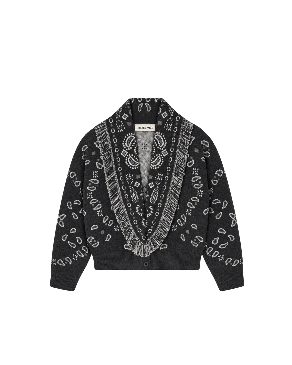 MIRAEE-UNIFORM-2026 | AMARA – Fransen Strickcardigan – schwarz – freigestellte Produktansicht auf weißem Hintergrund