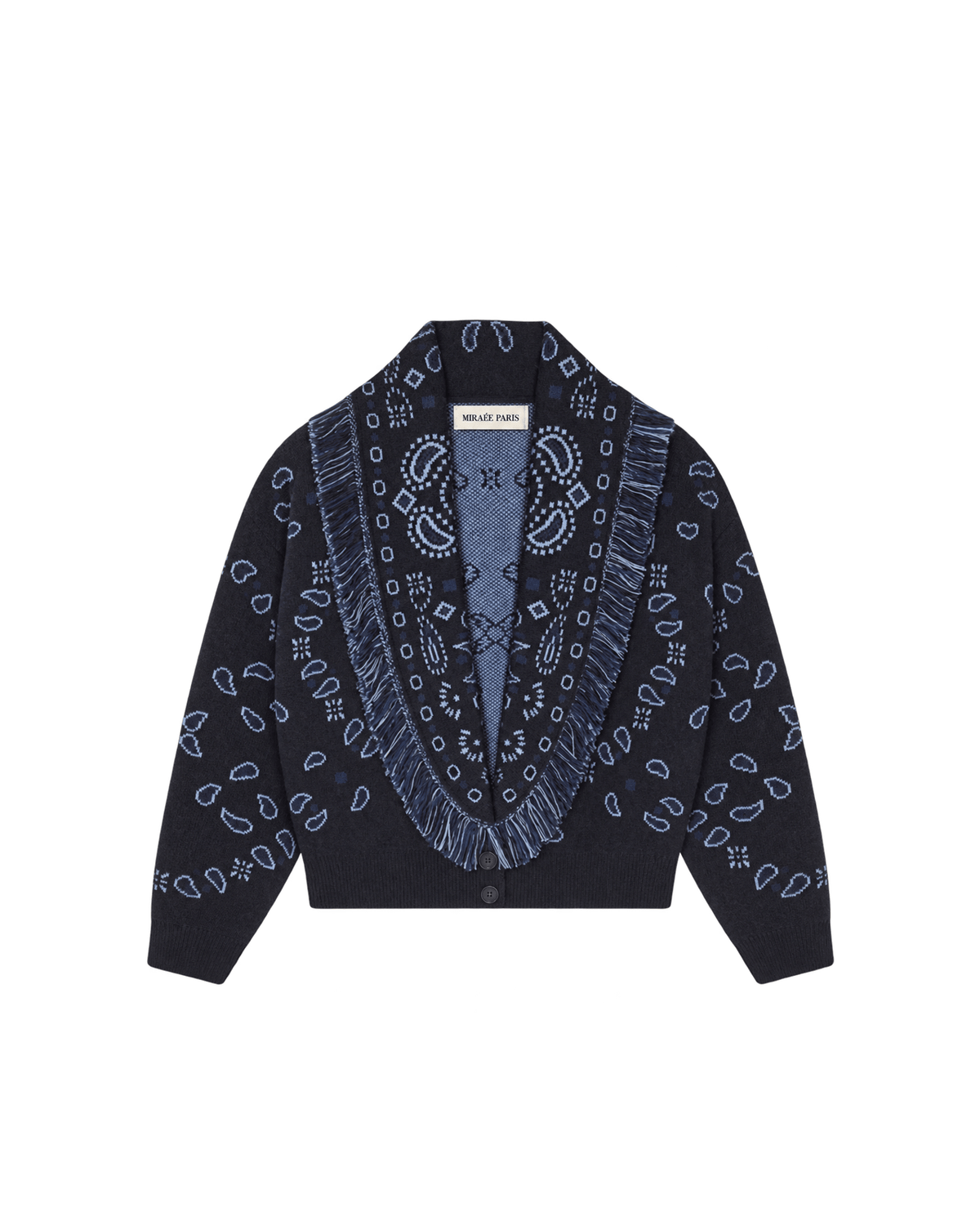 MIRAEE-UNIFORM-2026 | AMARA – Fransen Strickcardigan – blau – freigestellte Produktansicht auf weißem Hintergrund