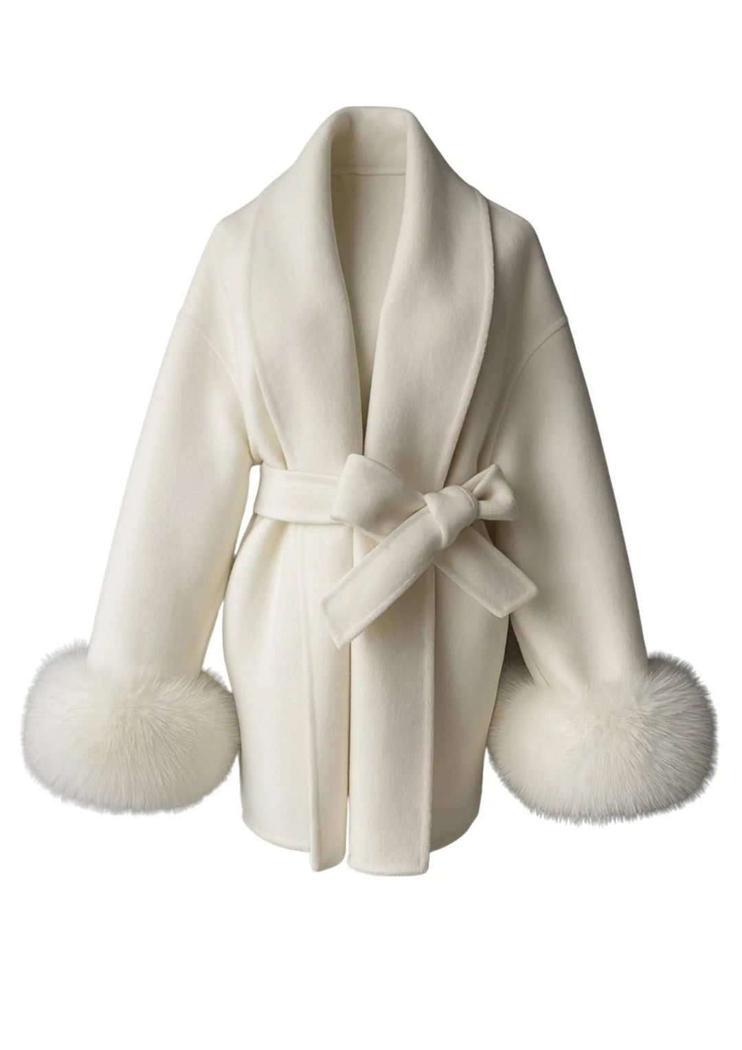 ARCTIC GRACE – Eleganter Wollmantel für Damen mit Wickelschnitt und Kunstpelzärmel.