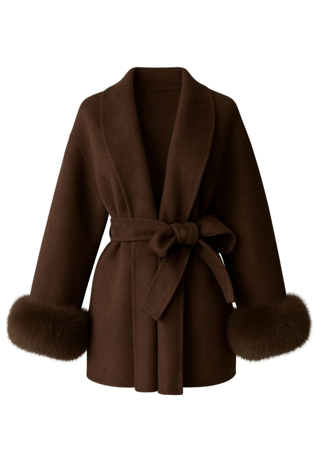 ARCTIC GRACE – Eleganter Wollmantel für Damen in Dunkelbraun mit Gürtel und Kunstpelzärmeln.