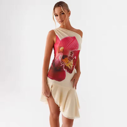 Asymmetrisches One - Shoulder - Kleid mit Orchideen - Print – Eleganz trifft auf florale Raffinesse - Miraee Paris