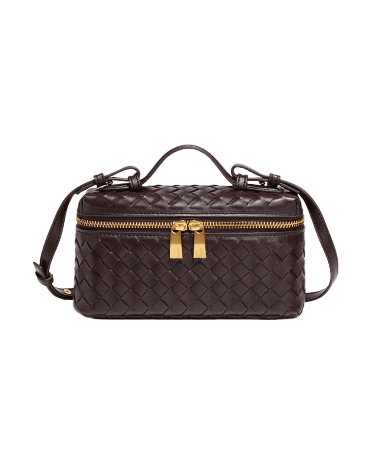 MIRAEE-UNIFORM-2026 | AURELIA – Luxuriöse Ledertasche mit Flechtdesign – dunkelbraun – freigestellte Produktansicht auf weißem Hintergrund