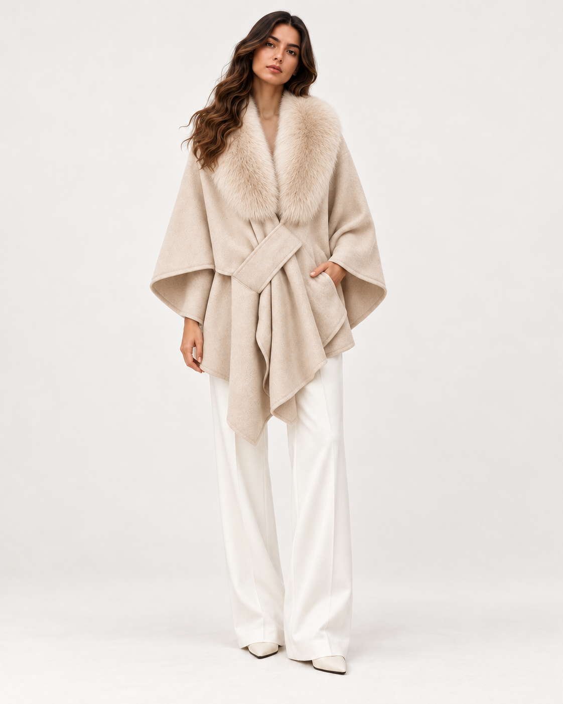 AURELIE beiges Damen-Cape – Model Vorderansicht mit gleichmäßiger Studioausleuchtung | MIRAÉE PARIS