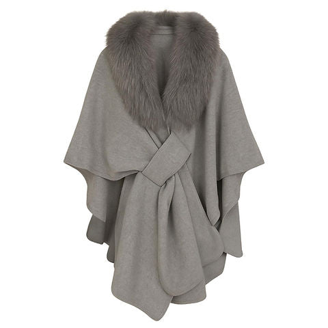 AURELIE - Cape mit abnehmbaren Kunstpelzkragen, luxuriöses Damenmode Cape in elegantem Grau.