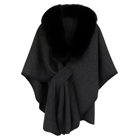 AURELIE - Cape mit abnehmbaren Kunstpelzkragen in dunklem Grau mit elegantem Schnitt und weichem Design.