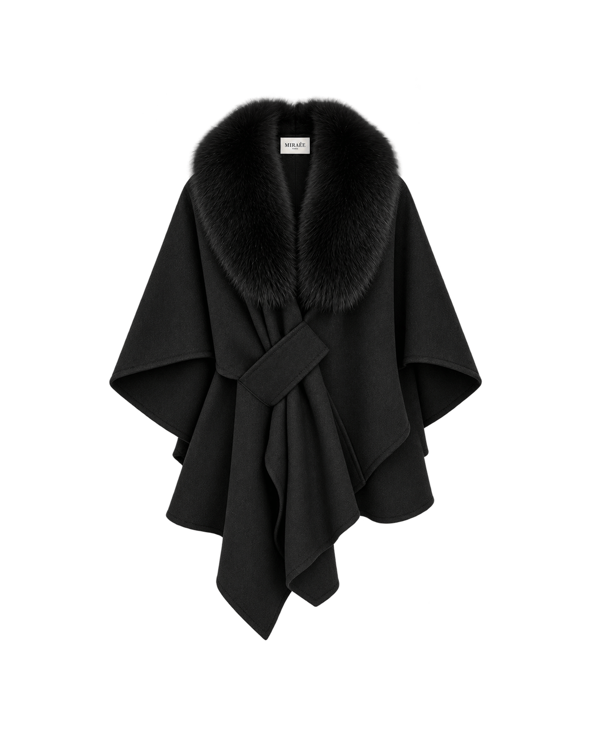 MIRAEE-UNIFORM-2026 | AURELIE – Damen-Cape mit abnehmbarem Kunstfellkragen – Schwarz – freigestellte Produktansicht auf weißem Hintergrund