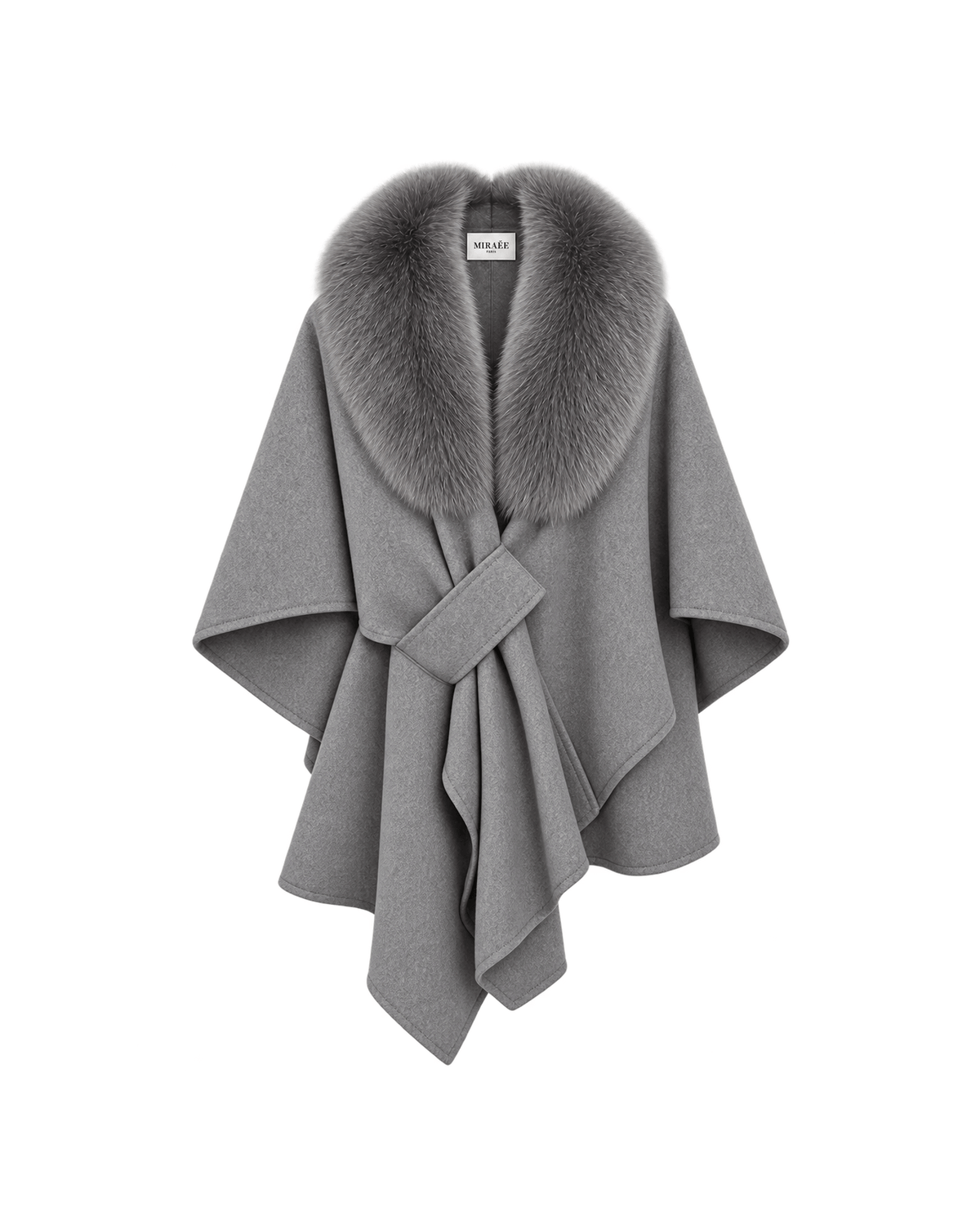 MIRAEE-UNIFORM-2026 | AURELIE – Damen-Cape mit abnehmbarem Kunstfellkragen – Grau – freigestellte Produktansicht auf weißem Hintergrund