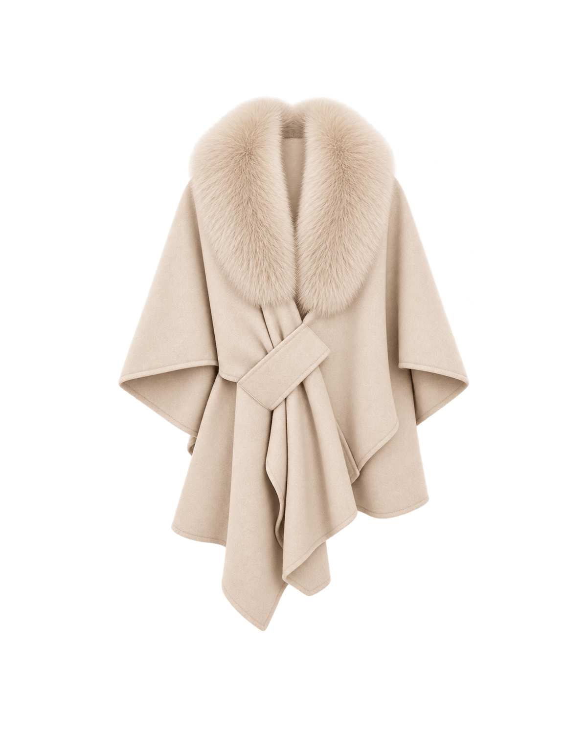 MIRAEE-UNIFORM-2026 | AURELIE – Damen-Cape mit abnehmbarem Kunstfellkragen – Beige – freigestellte Produktansicht auf weißem Hintergrund