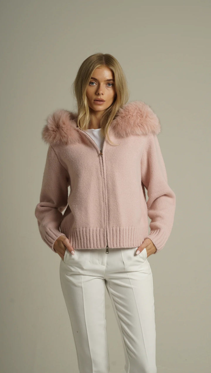 BELAMY – Chaleur Kapuzenpullover mit Fellbesatz in Rosa, elegant und warm, ideal für trendige Damenmode.