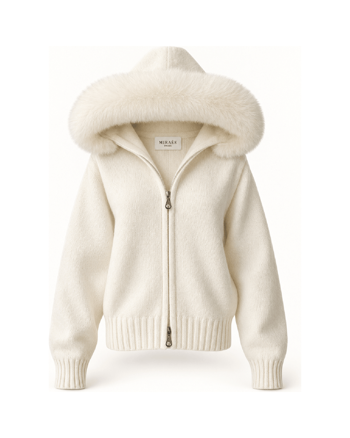 MIRAEE-UNIFORM-2026 | BELAMY – Damen-Kapuzenpullover mit Kunstfellbesatz – Weiß – freigestellte Produktansicht auf weißem Hintergrund