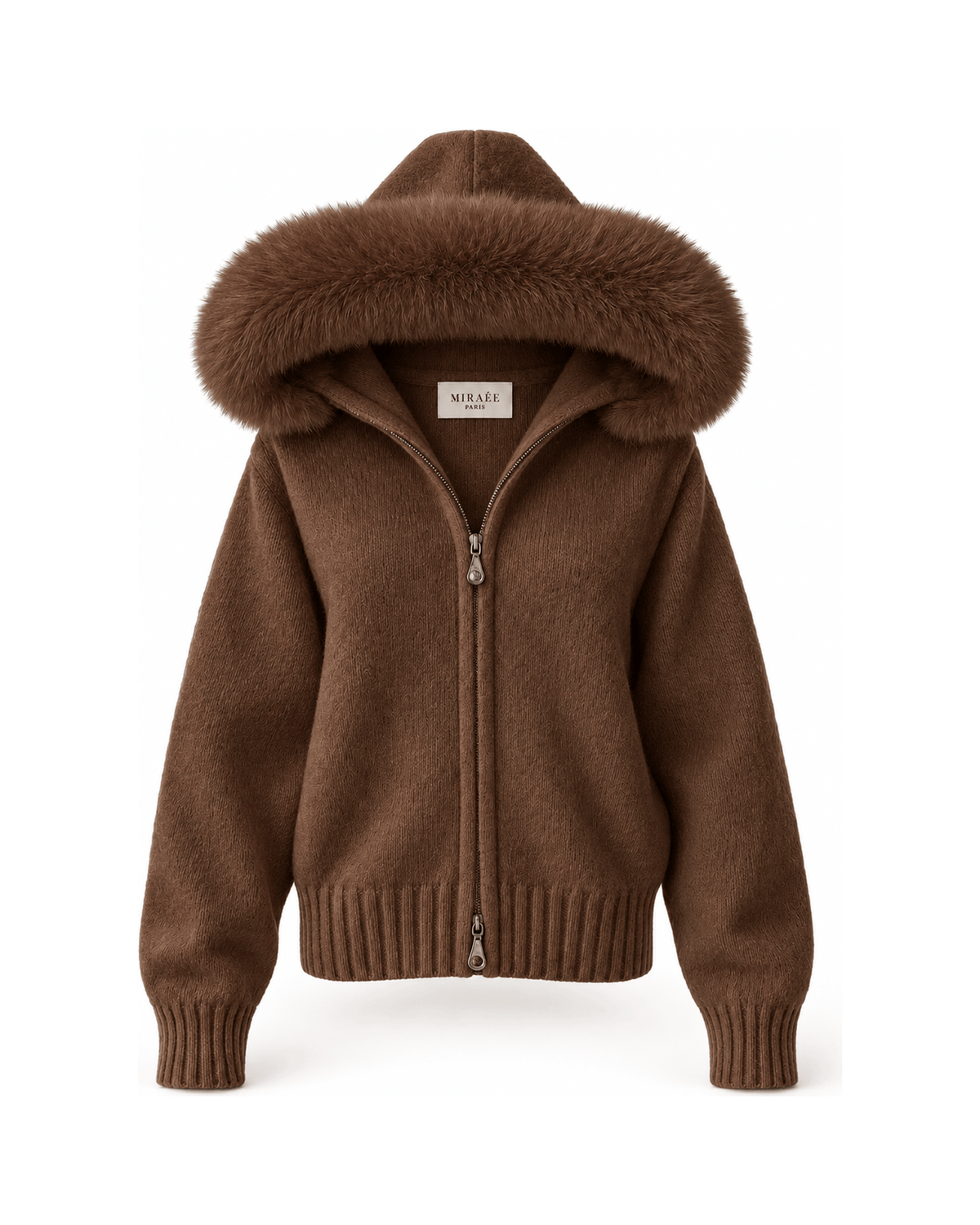 MIRAEE-UNIFORM-2026 | BELAMY – Damen-Kapuzenpullover mit Kunstfellbesatz – Braun – freigestellte Produktansicht auf weißem Hintergrund