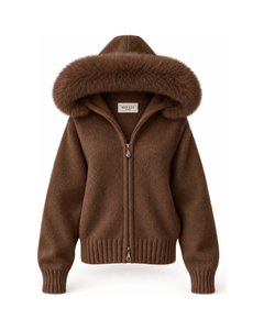 MIRAEE-UNIFORM-2026 | BELAMY – Damen-Kapuzenpullover mit Kunstfellbesatz – Braun – freigestellte Produktansicht auf weißem Hintergrund