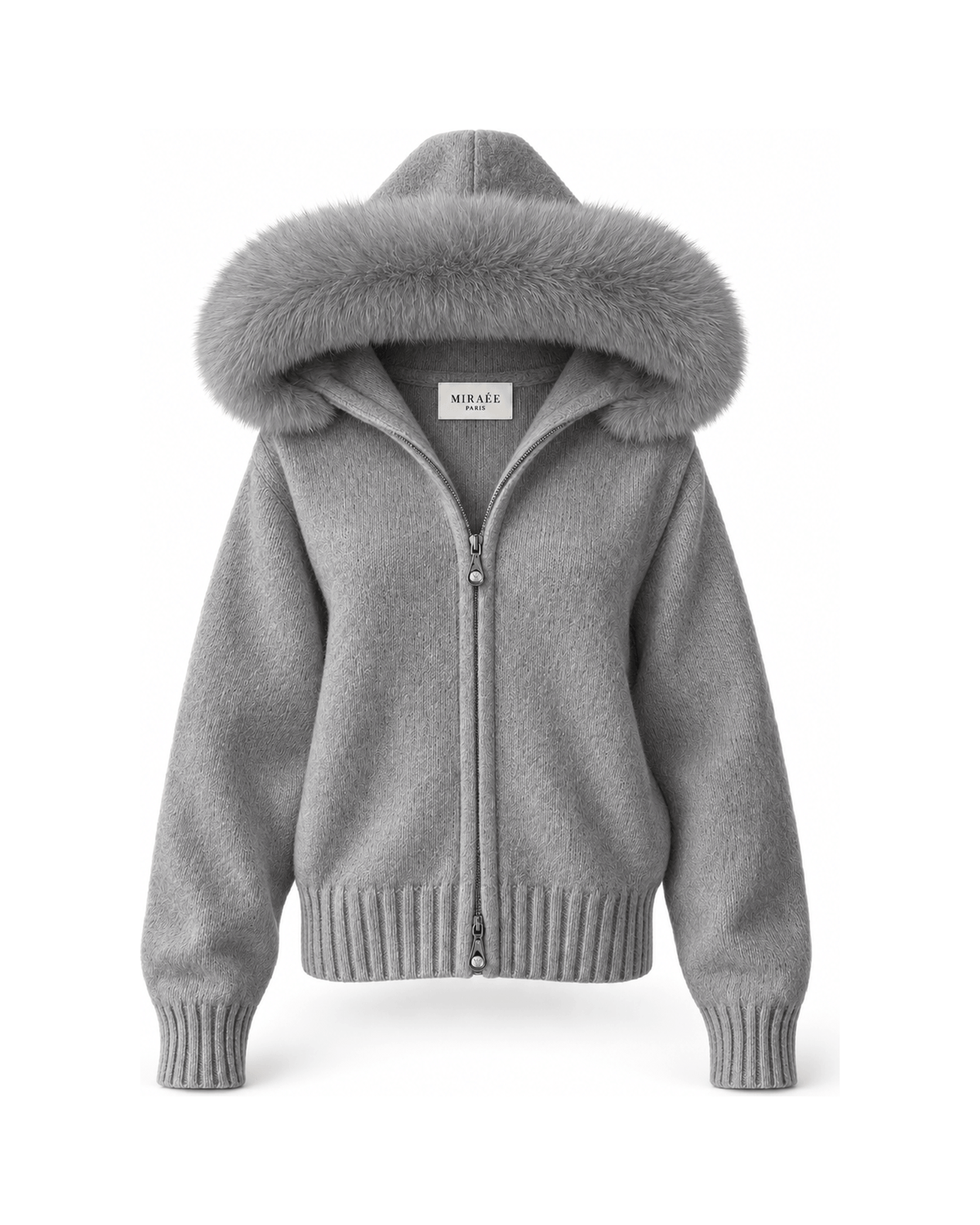 MIRAEE-UNIFORM-2026 | BELAMY – Damen-Kapuzenpullover mit Kunstfellbesatz – Grau – freigestellte Produktansicht auf weißem Hintergrund
