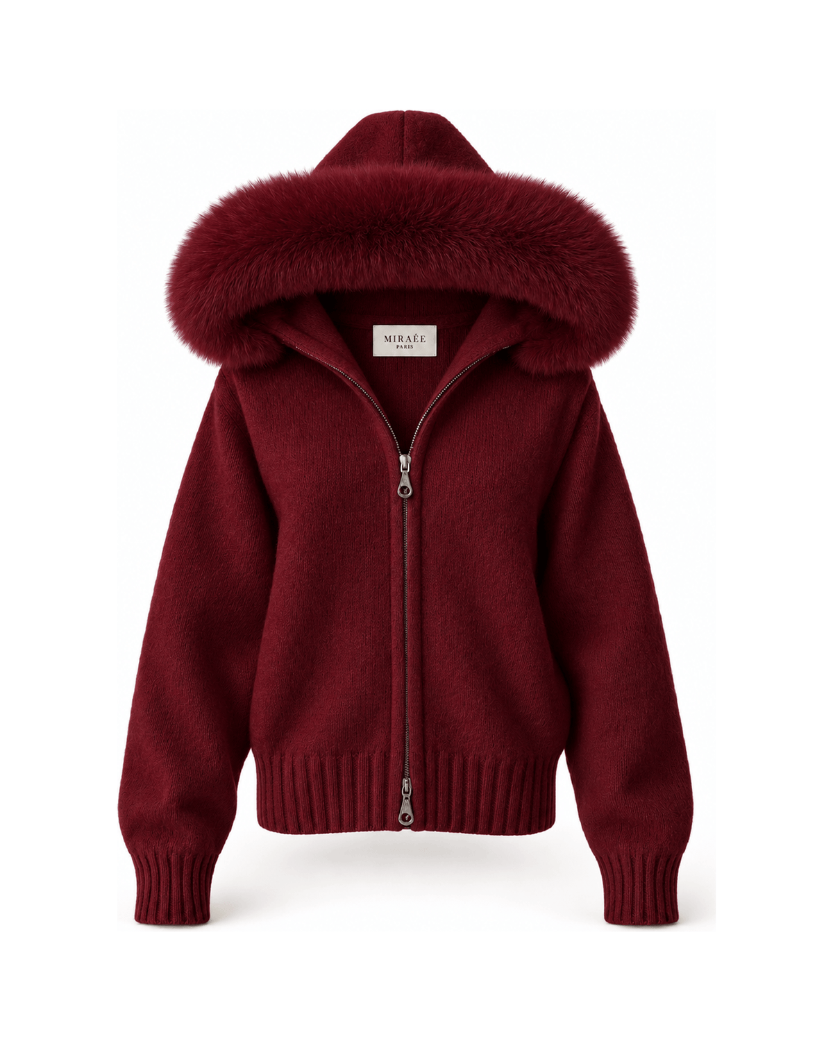 MIRAEE-UNIFORM-2026 | BELAMY – Damen-Kapuzenpullover mit Kunstfellbesatz – Weinrot – freigestellte Produktansicht auf weißem Hintergrund