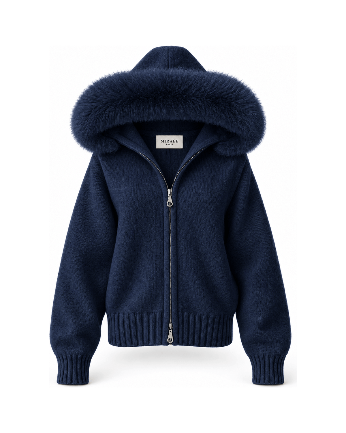 MIRAEE-UNIFORM-2026 | BELAMY – Damen-Kapuzenpullover mit Kunstfellbesatz – Dunkelblau – freigestellte Produktansicht auf weißem Hintergrund
