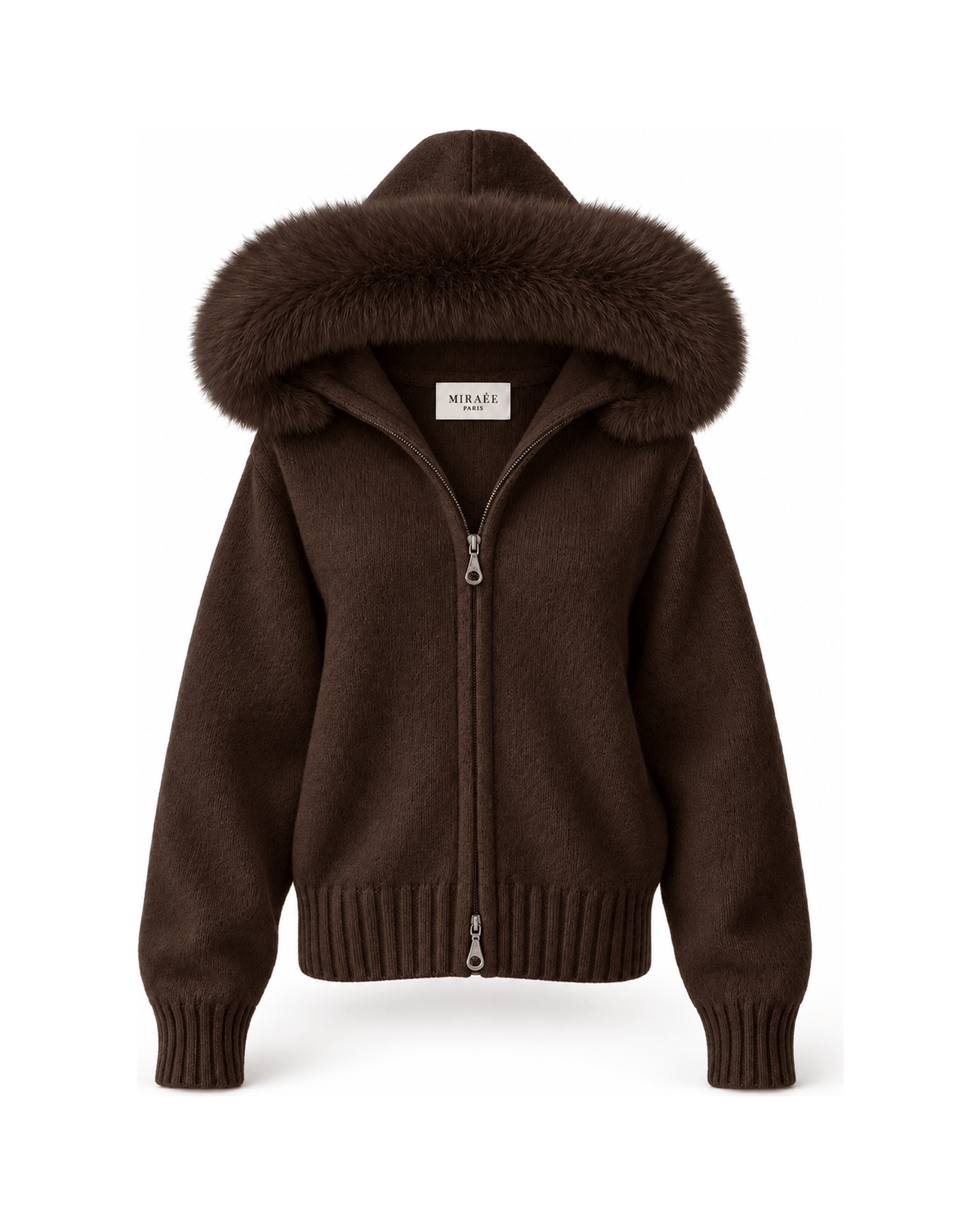 MIRAEE-UNIFORM-2026 | BELAMY – Damen-Kapuzenpullover mit Kunstfellbesatz – Dunkelbraun – freigestellte Produktansicht auf weißem Hintergrund