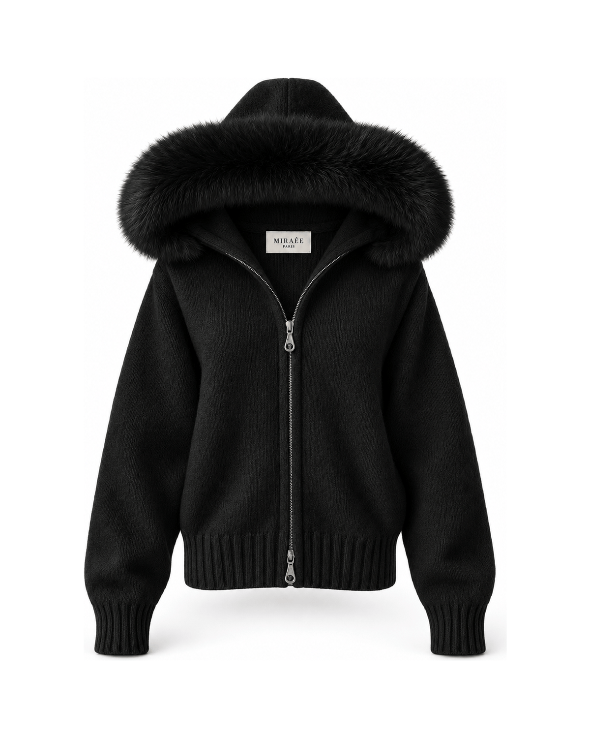 MIRAEE-UNIFORM-2026 | BELAMY – Damen-Kapuzenpullover mit Kunstfellbesatz – Schwarz – freigestellte Produktansicht auf weißem Hintergrund